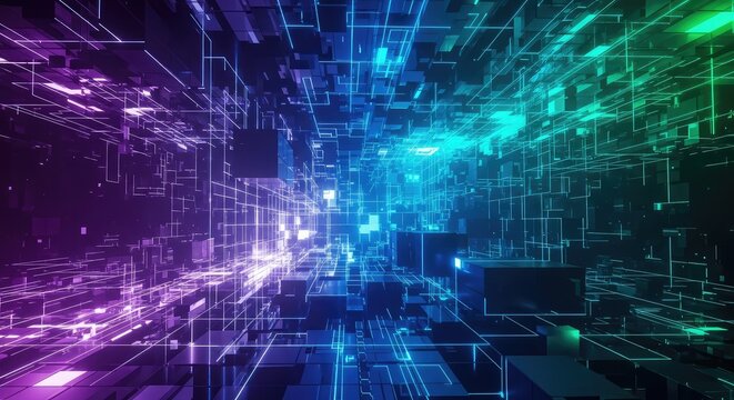 Immersive cyberspace grid with glowing lines in vibrant hues, perfect for tech startups and digital innovation marketing campaigns