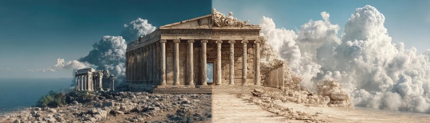 Obraz premium Historical evolution of dream theories concept. Stunning view of a historical temple surrounded by dramatic clouds.