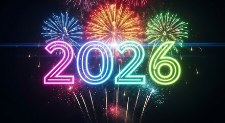 Colorful fireworks display with neon year two thousand twenty six
