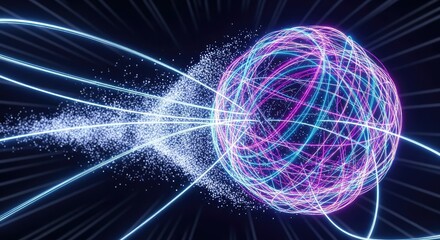 Dynamic glowing network sphere with particle streams creating a modern tech vibe perfect for innovative technology companies and futuristic concepts