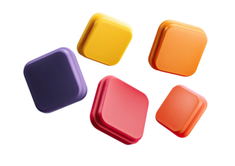 Five colorful, glossy, 3D rounded square shapes floating in darkness