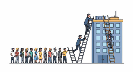Career Growth Ladder Concept with People Climbing Corporate Building