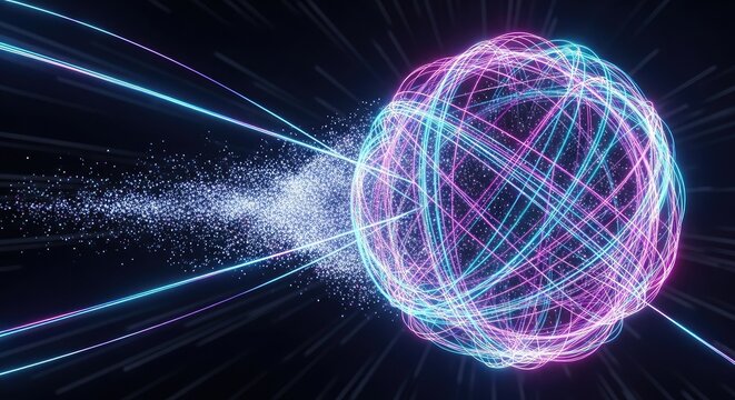 Dynamic network sphere with vibrant glowing lines and particles for cutting-edge technology branding or modern data solutions, perfect for tech startups