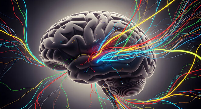 Neurology concept depicted in an image of stylized brain with vividly colorful lines indicating neural pathways. Generative AI 84906393 1