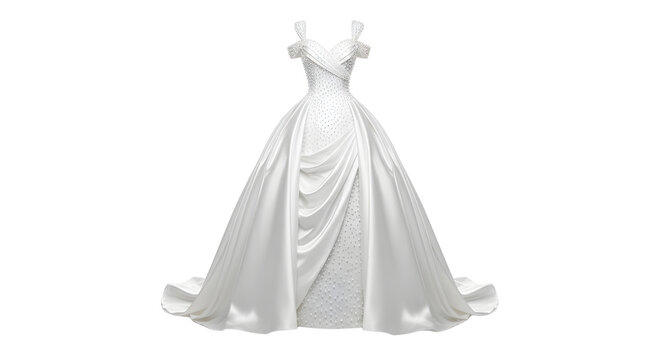 Beautiful white satin wedding dress or bridal gown isolated for fashion design display isolated PNG with Transparent Background