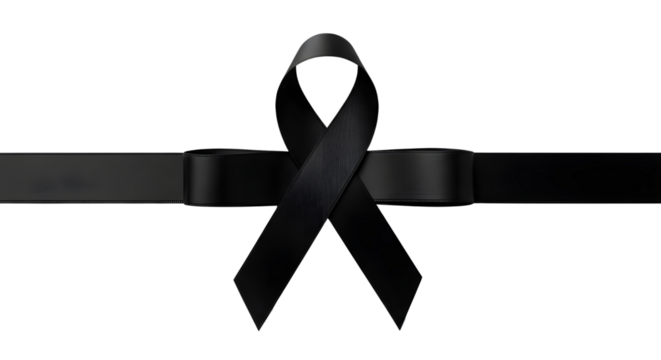 Black ribbon symbolizing mourning, grief, remembrance, sorrow, or awareness for serious causes isolated PNG with Transparent Background - Powered by Adobe