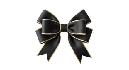 Elegant black silk bow with gold trim for luxury gift packaging design isolated PNG with Transparent Background