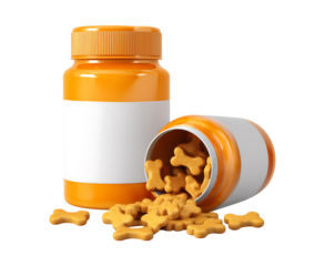 Pet Supplements Spilling from Orange Bottles isolated on transparent background