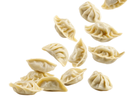 Delicious falling asian food. Savory dumpling appetizer for cooking concept. Isolated meal on transparent background for design