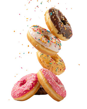 Joyful stack of colorful donuts with sweet icing falling with sprinkles. delicious dessert pastry, fun and tempting treat for celebration