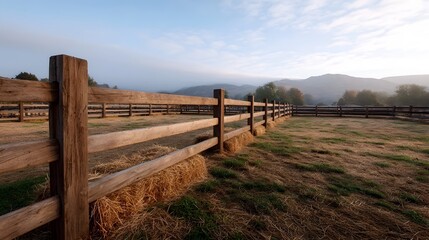 Serene rural landscape with a rustic wooden fence and hay bales bathed in the soft light of dawn with misty hills in the background