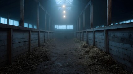 Dark foggy barn interior with hay lined aisles and wooden partitions creating a moody atmosphere