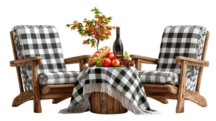Cozy picnic scene checkered chairs, wine, bread, apples, grapes, flowers