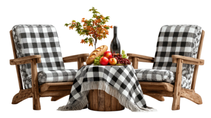 Cozy picnic scene checkered chairs, wine, bread, apples, grapes, flowers