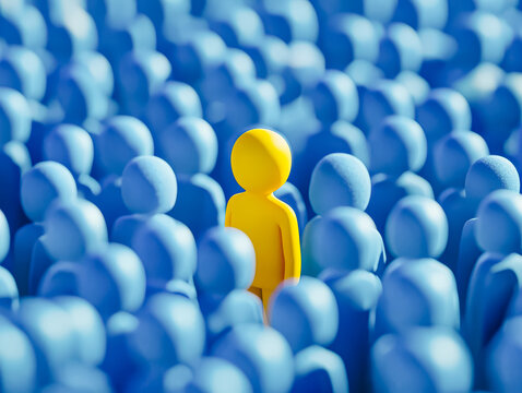 A distinct yellow figure emerges from a sea of blue figures, illustrating the search for the right talent in HR and business strategy