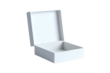 Open, square white box with lifted lid, against a black background