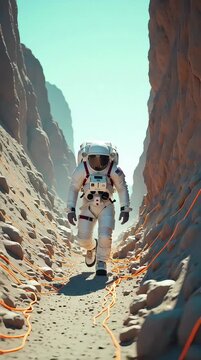 A lone astronaut in a white spacesuit with an American flag patch walks through a narrow, rocky canyon with orange cables on a bright, sunny day