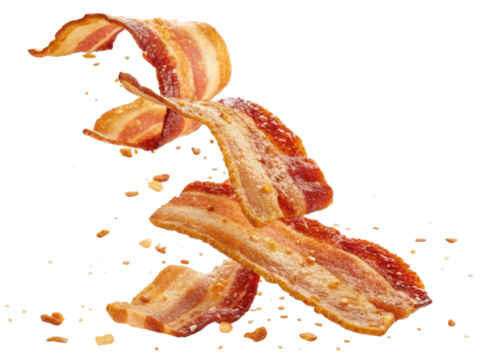 Crispy fried bacon strip, savory delicious breakfast food. Tasty greasy pork meat with fat and crumb floating on transparency background