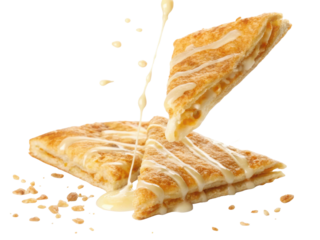 Delicious sweet pie dessert with flaky pastry and warm filling. indulgent creamy topping pours over this yummy snack food for treat