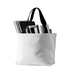 White tote bag filled with books, black handles