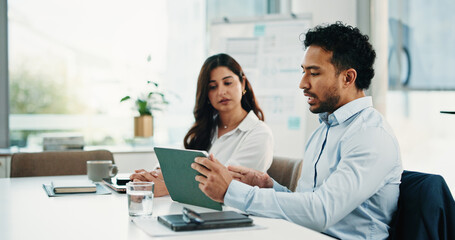 Discussion, tablet and business people in office for finance review, meeting and budget planning. Teamwork, corporate and woman with man on digital tech, paperwork and research for financial report