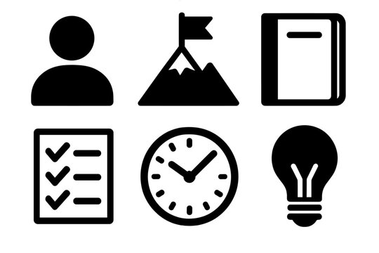 Goal Setting Icons. Personal goal setting silhouette icon set: person icon, flag on mountain, notebook, checklist, clock, light bulb.