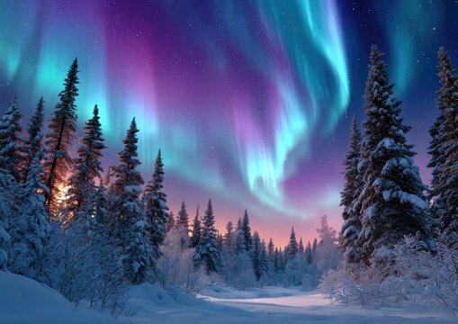 the aurora borealis illuminates the snow-covered trees in lapland