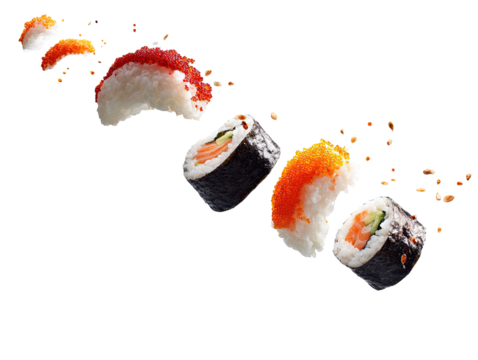 Floating sushi pieces of salmon, roe and rice on a black background