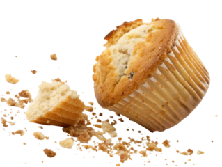 Delicious homemade muffin cake, sweet baked pastry snack food with messy crumb on isolated transparent background. comforting treat