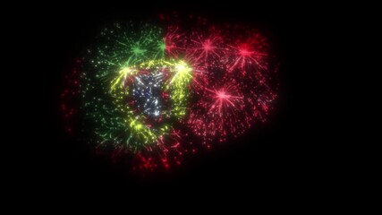 Portugal Flag Fireworks Animation — Portuguese Celebration Fireworks Overlay — Tricolor Flag Shape Pyrotechnics on Black Background - Powered by Adobe