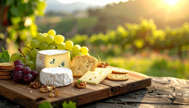 Gourmet Cheese and Grapes Board in a Sunny Vineyard