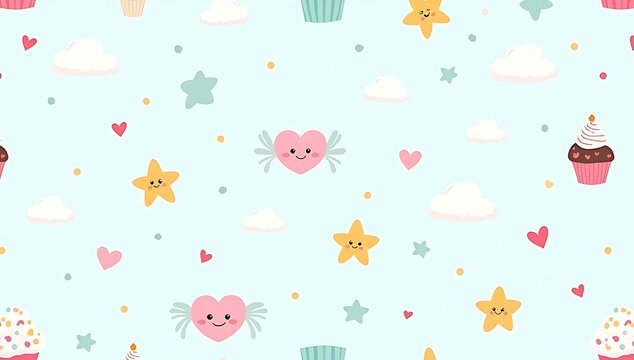 Seamless pattern with kawaii doodles of smiling stars, hearts, cupcakes, and clouds on pastel background, cute cartoon vector illustration for kids and fun designs.