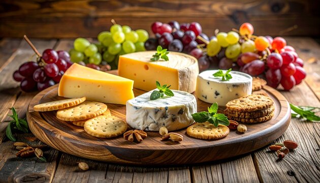 Gourmet Cheese Board with Assorted Cheeses, Grapes, and Crackers