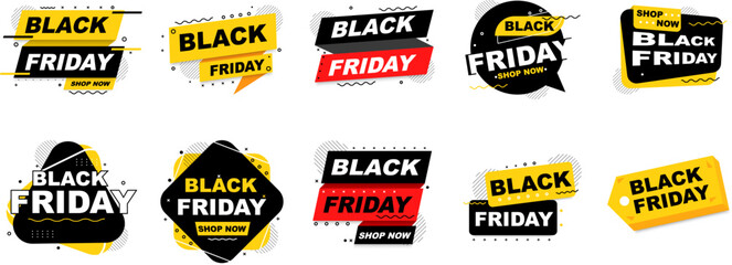 Black Friday sale label collection with bold typography and modern design. Discount tag set for marketing, advertising, and promotion.