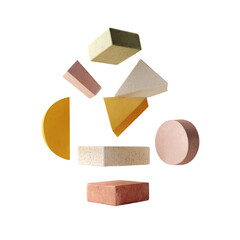 Geometric shapes float, warm colors, abstract composition on black