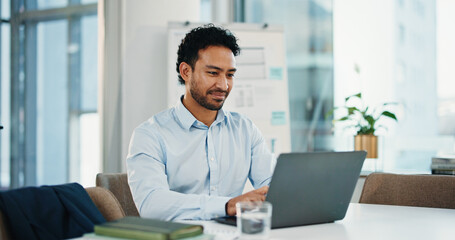 Typing, happy and businessman with laptop, office and research for wealth management, online or...