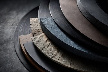 Abstract Arrangement of Vinyl Records with Various Textures and Patterns in Shades of Gray Black and Bronze Under Dramatic Lighting
