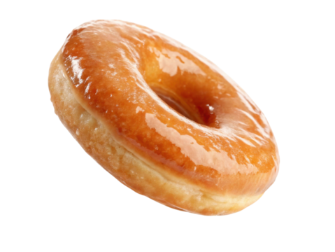 Delicious glazed donut, sweet pastry dessert for breakfast or snack. Tempting isolated food, single fresh bakery item with sugary glaze