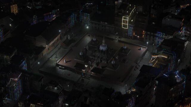 Aerial night footage of Kathmandu city during Diwali (Tihar), featuring the illuminated Dharahara Tower and glowing skyline filled with festive lights, showing Nepal&rsquo;s vibrant cultural celebration.