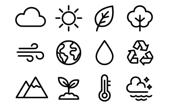Environmental Icon Set. Environmental Air Quality linear icon set: cloud, sun, leaf, tree, wind symbol, globe, water droplet, recycling symbol, mountain, plant, thermometer, sky