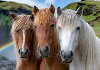 Fototapeta premium three majestic horses standing in front of the skógafoss waterfall, iceland. the background features green grass and a blue sky with white clouds