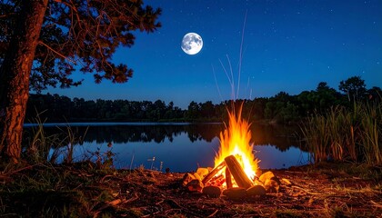 A campfire glows brightly on a lake shore at night under a full moon. Tall trees and grass surround. Water reflects the fire and moon