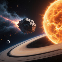 A large comet flies past planets in space.