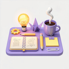Creative process concept with lightbulb origami coffee and notebook on violet platform against white background