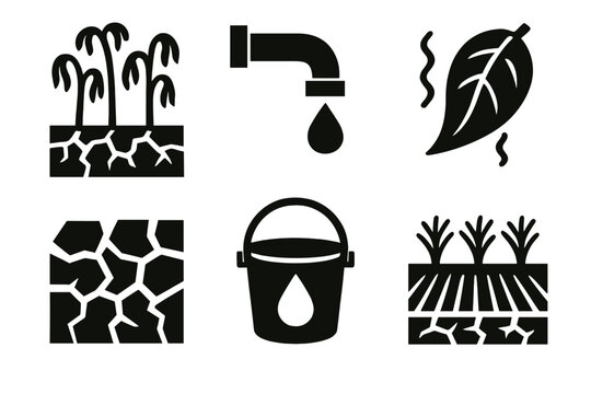 Drought Icons Set. Agricultural Drought silhouette icon set: withered crops, irrigation pipe, wilted leaf, broken soil, water bucket, dry field.