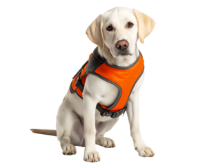 Young Yellow Labrador Retriever Puppy Wearing Bright Orange Harness isolated on transparent background