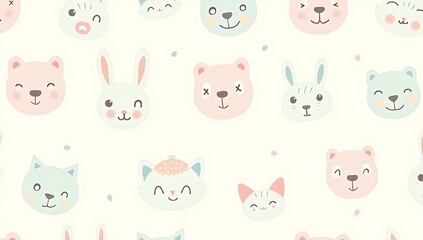 Obraz premium Adorable seamless pattern of cute animal faces like bears, bunnies, cats, and foxes in soft pastel colors, minimal cartoon kawaii vector for children’s wallpaper or prints.