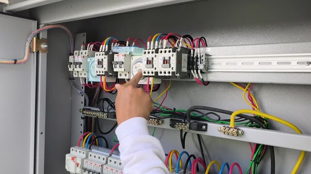 A close-up view of the inner workings of an electrical distribution board. The panel displays various essential components, including fuses, circuit breakers, and wiring, managing the power supply.