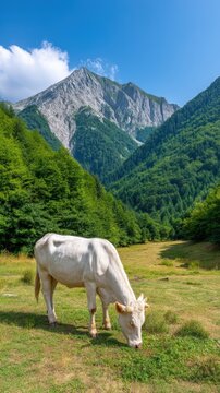 Farm animals, grazing, in a mountain farm, clear blue sky, realistic style, peaceful mood, earthy colors, rule of thirds composition, 85mm lens, detailed plants, high detail, ultra-realistic,