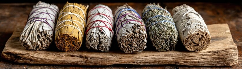 Native American artifact collection of cultural heritage concept. A collection of traditional sage bundles for cleansing rituals.